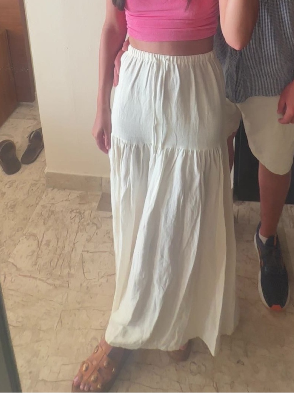 Women's White Tiered Maxi Skirt - Lightweight Drawstring Waist - Picture 2 of 2
